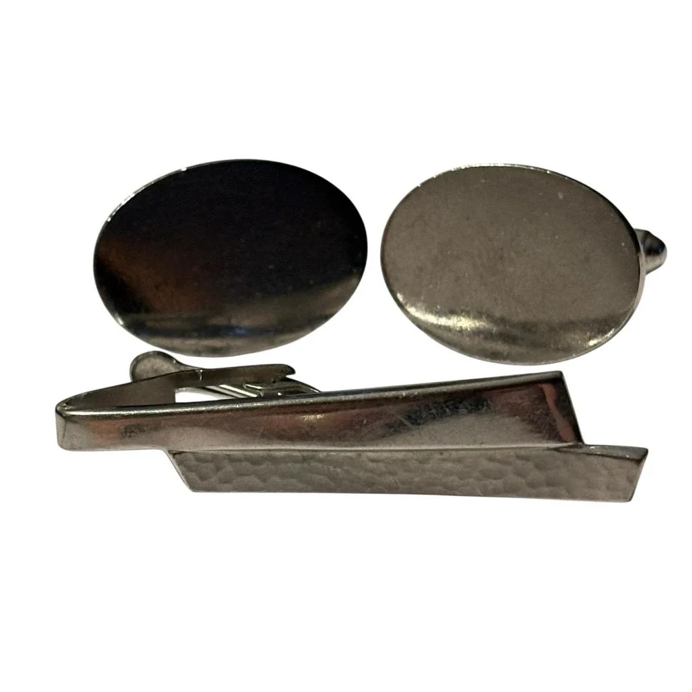 Vintage Cufflinks Tie Bar Signed Anson & Foster Mens Silver‎ Tone Classic Formal